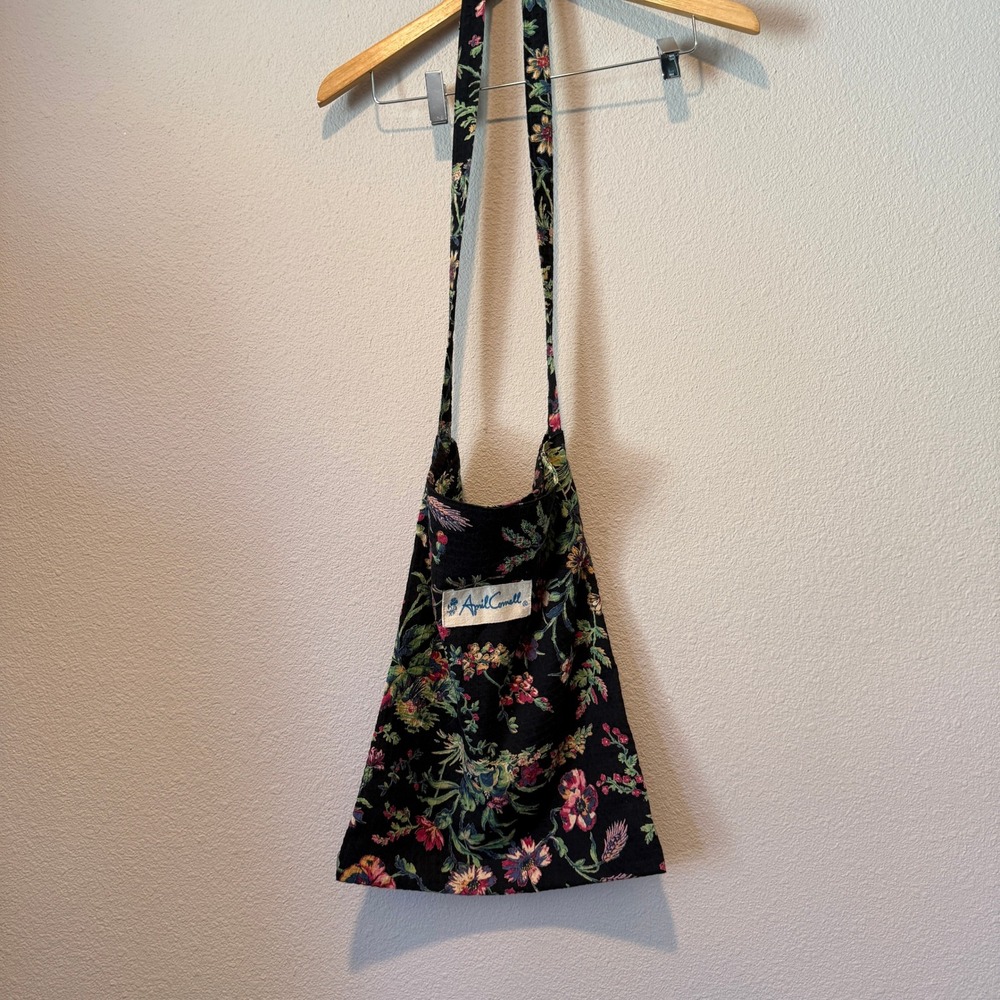 April Cornell Floral Cotton Waffle Weave Tote Bag Black Botanical Print